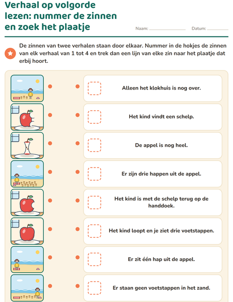 Voorbeeld van het Verhaal op volgorde-werkblad voor groep 3