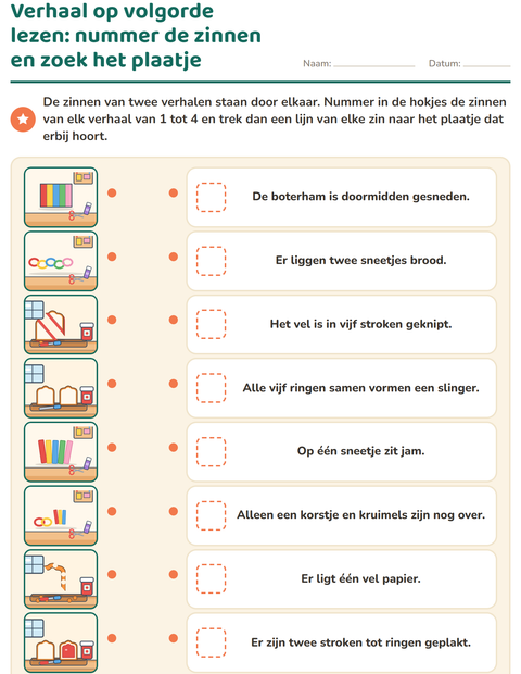 Voorbeeld van het Verhaal op volgorde-werkblad voor groep 3
