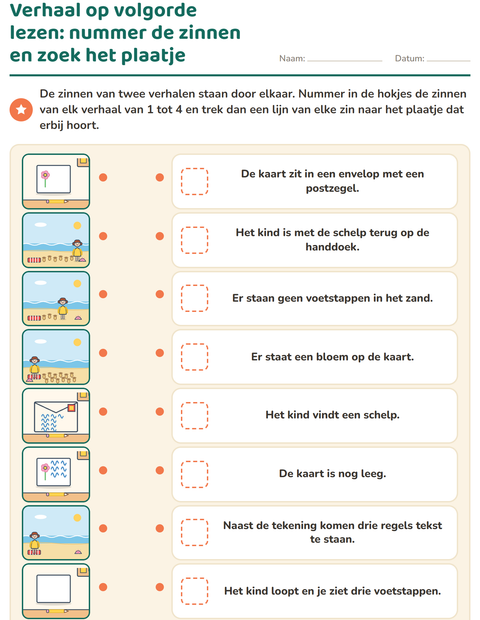 Voorbeeld van het Verhaal op volgorde-werkblad voor groep 3