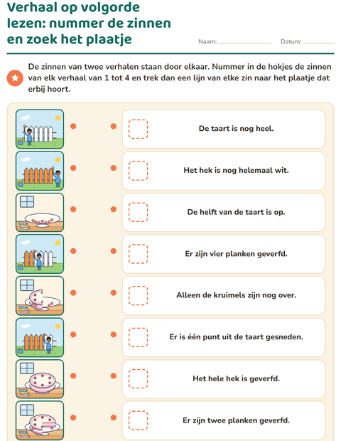 Voorbeeld van het Verhaal op volgorde-werkblad voor groep 3