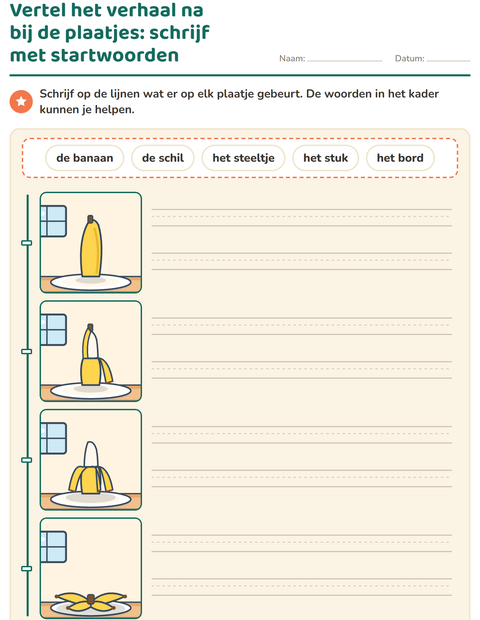Voorbeeld van het Verhaal op volgorde-werkblad voor groep 4