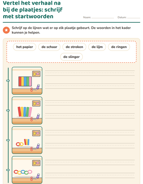 Voorbeeld van het Verhaal op volgorde-werkblad voor groep 4