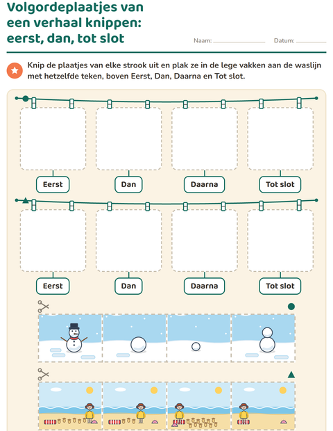 Voorbeeld van het Verhaal op volgorde-werkblad voor kleuterklas