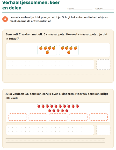 Voorbeeld van het Verhaaltjessommen-werkblad met Fruit voor groep 5