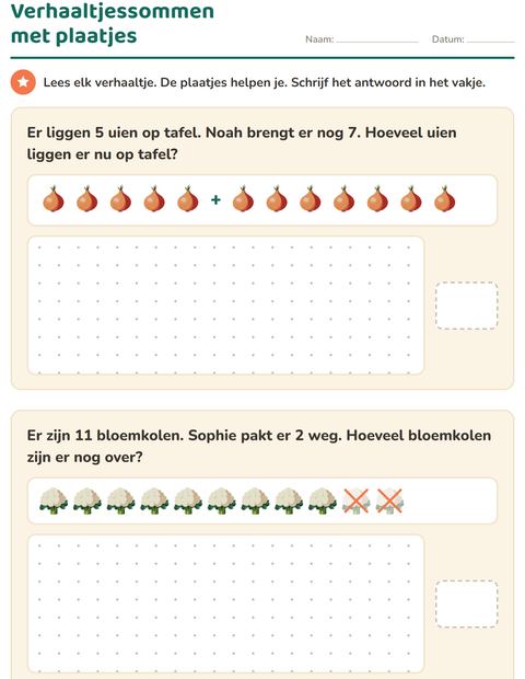 Voorbeeld van het Verhaaltjessommen-werkblad met Groenten voor groep 3