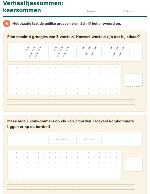 Voorbeeld van het Verhaaltjessommen-werkblad met Groenten ZW voor groep 5
