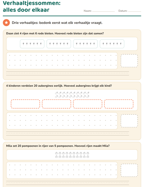 Voorbeeld van het Verhaaltjessommen-werkblad met Groenten ZW voor groep 5
