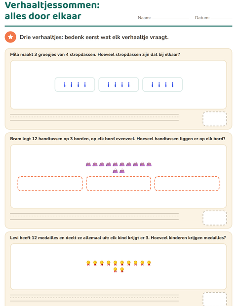 Voorbeeld van het Verhaaltjessommen-werkblad met Accessoires voor groep 5