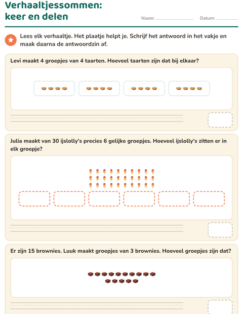 Voorbeeld van het Verhaaltjessommen-werkblad met Desserts en snoep voor groep 5