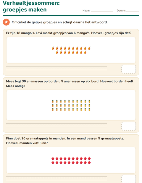 Voorbeeld van het Verhaaltjessommen-werkblad met Fruit voor groep 5