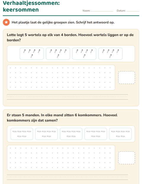 Voorbeeld van het Verhaaltjessommen-werkblad met Groenten ZW voor groep 5