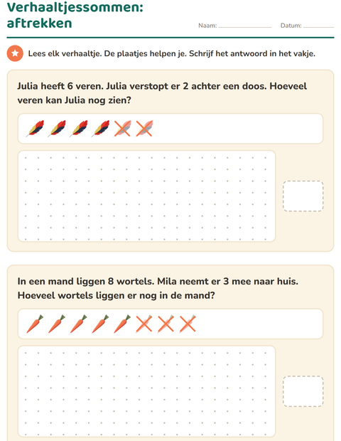 Voorbeeld van het Verhaaltjessommen-werkblad met Pasen voor groep 3