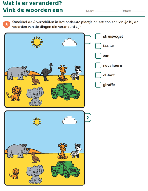 Voorbeeld van het Verschillen zoeken-werkblad voor groep 3