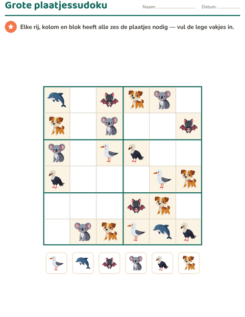 Voorbeeld van het Visuele logica-werkblad met Dieren voor groep 5