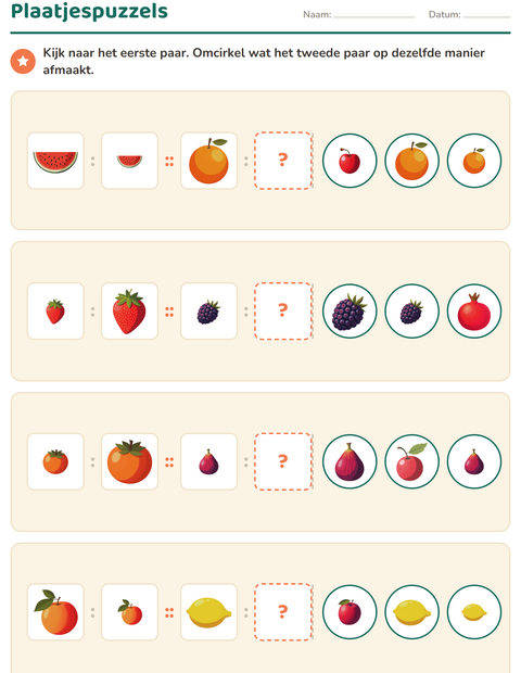 Voorbeeld van het Visuele logica-werkblad met Fruit voor groep 3