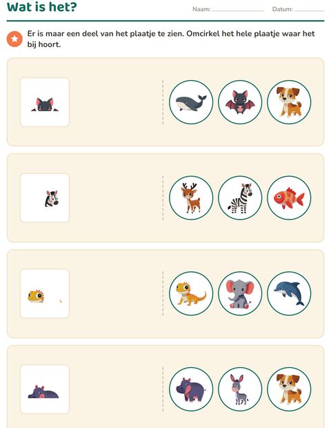 Voorbeeld van het Visuele waarneming-werkblad met Dieren voor kleuterklas