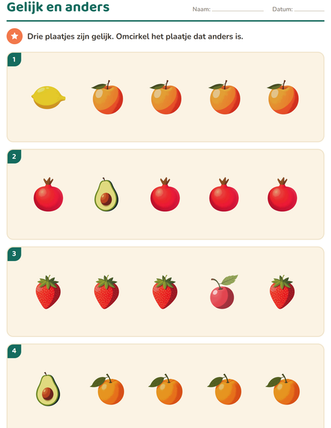 Voorbeeld van het Visuele waarneming-werkblad met Fruit voor kleuterklas