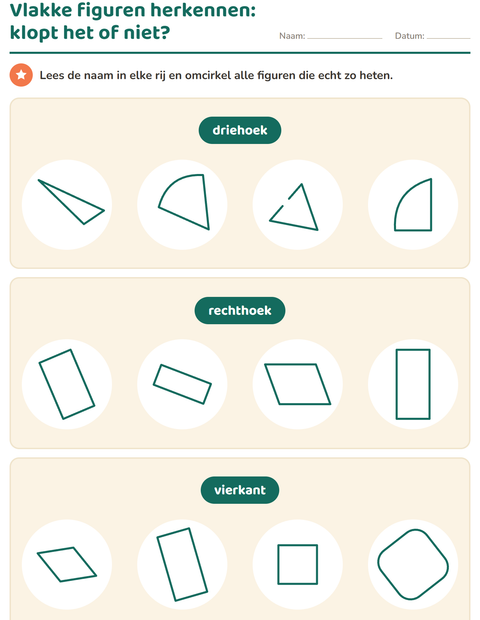 Voorbeeld van het Vlakke figuren-werkblad voor groep 3