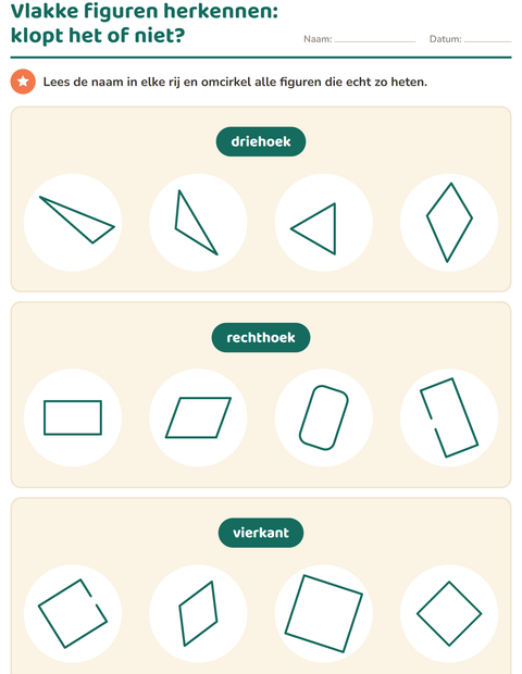 Voorbeeld van het Vlakke figuren-werkblad voor groep 3