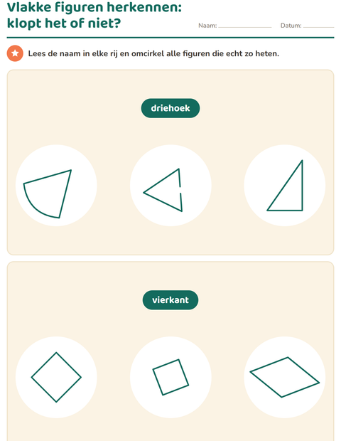 Voorbeeld van het Vlakke figuren-werkblad voor groep 3