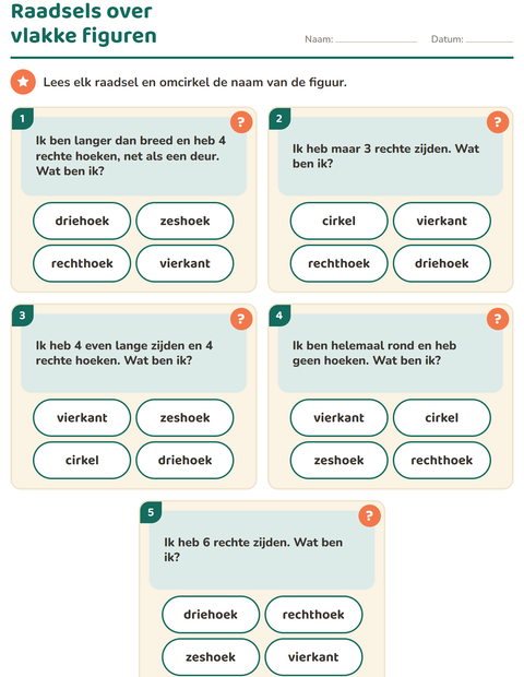 Voorbeeld van het Vlakke figuren-werkblad voor groep 3