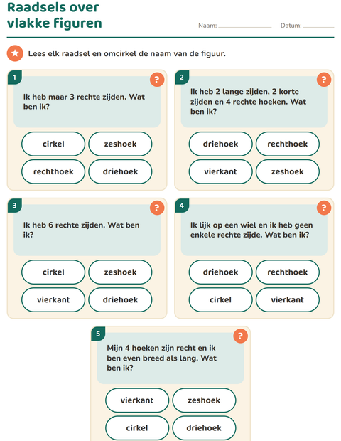 Voorbeeld van het Vlakke figuren-werkblad voor groep 3