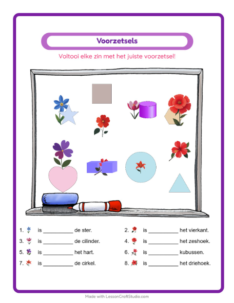 Voorbeeld van het Voorzetsels-werkblad met Bloemen voor kleuterklas