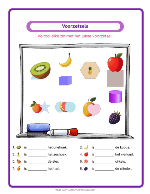 Voorbeeld van het Voorzetsels-werkblad met Fruit voor kleuterklas