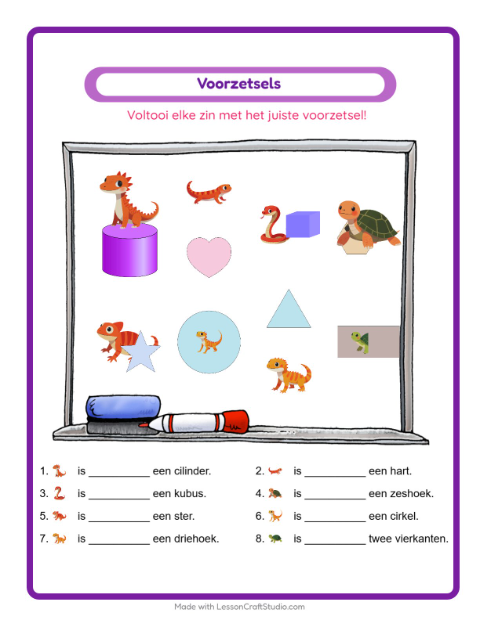 Voorbeeld van het Voorzetsels-werkblad met Reptielen en amfibieën voor kleuterklas