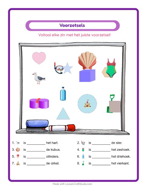 Voorbeeld van het Voorzetsels-werkblad met Strand voor kleuterklas