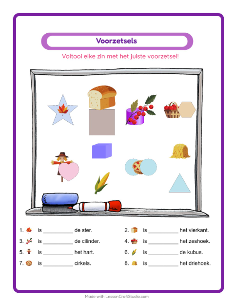 Voorbeeld van het Voorzetsels-werkblad met Thanksgiving voor kleuterklas