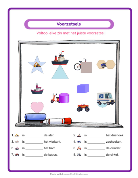 Voorbeeld van het Voorzetsels-werkblad met Voertuigen voor kleuterklas