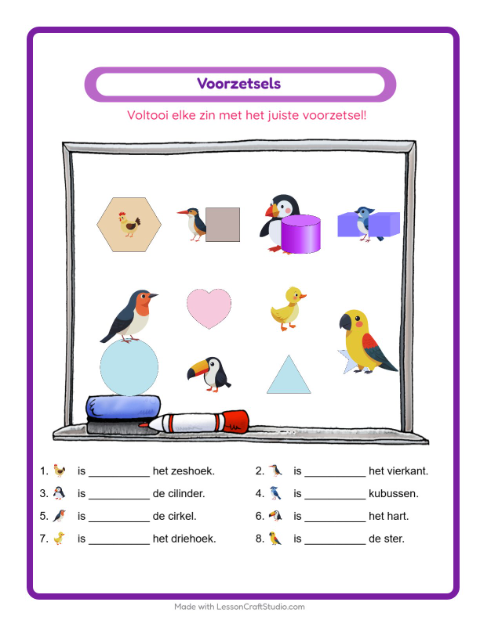 Voorbeeld van het Voorzetsels-werkblad met Vogels 2 voor kleuterklas