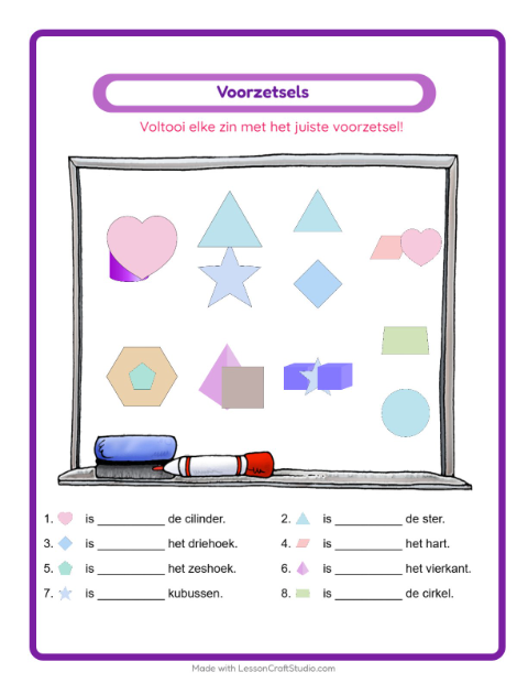Voorbeeld van het Voorzetsels-werkblad met Vormen voor kleuterklas