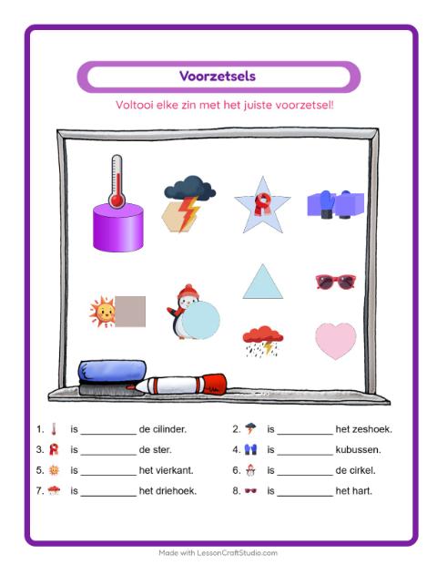 Voorbeeld van het Voorzetsels-werkblad met Weer voor kleuterklas