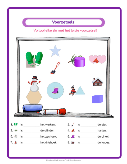 Voorbeeld van het Voorzetsels-werkblad met Winter voor kleuterklas