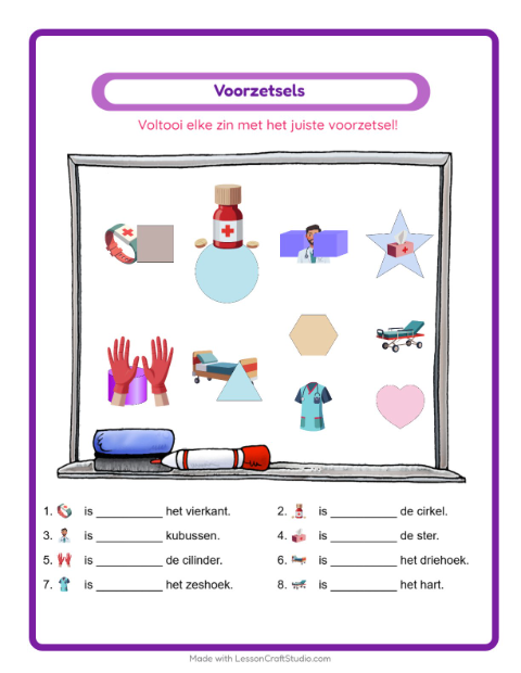 Voorbeeld van het Voorzetsels-werkblad met Ziekenhuis voor kleuterklas