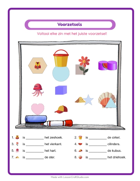 Voorbeeld van het Voorzetsels-werkblad met Zomer voor kleuterklas
