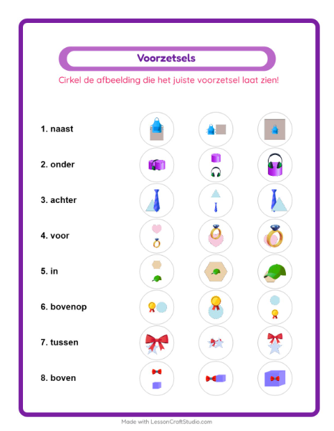 Voorbeeld van het Voorzetsels-werkblad met Accessoires voor kleuterklas