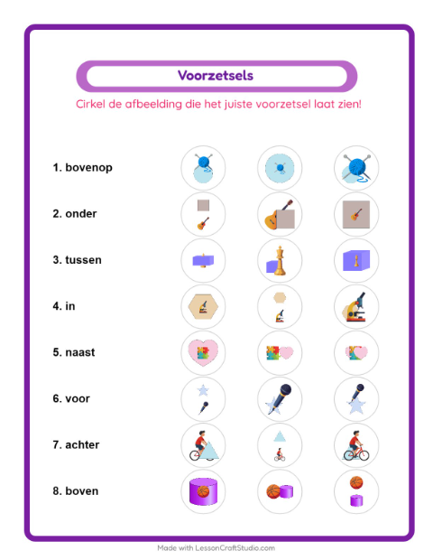 Voorbeeld van het Voorzetsels-werkblad met Activiteiten voor kleuterklas