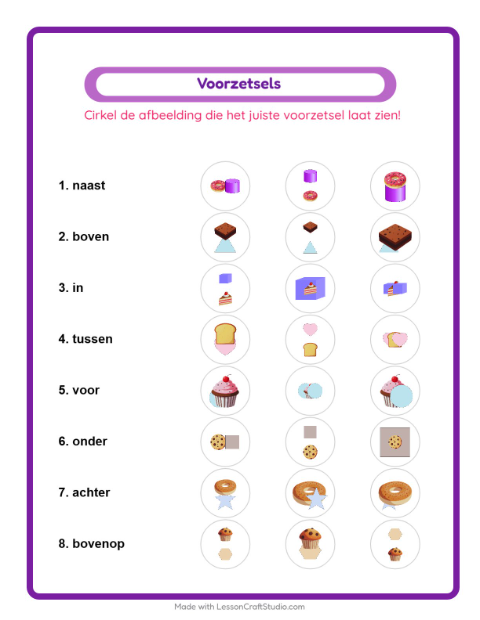 Voorbeeld van het Voorzetsels-werkblad met Bakkerij voor kleuterklas
