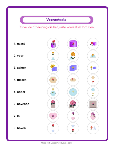 Voorbeeld van het Voorzetsels-werkblad met Bloemen voor kleuterklas
