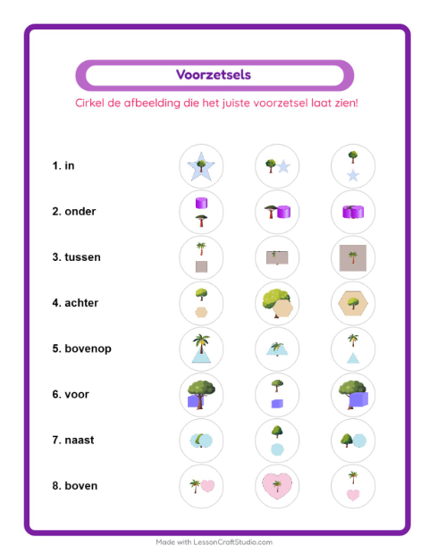 Voorbeeld van het Voorzetsels-werkblad met Bomen voor kleuterklas
