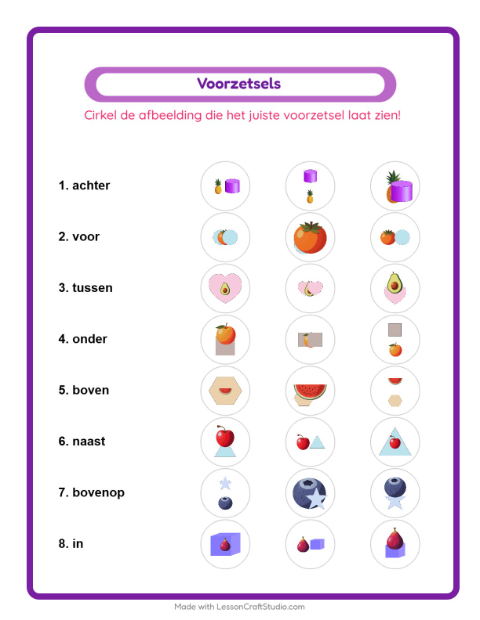 Voorbeeld van het Voorzetsels-werkblad met Fruit voor kleuterklas
