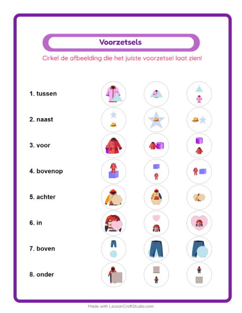 Voorbeeld van het Voorzetsels-werkblad met Kleding voor kleuterklas