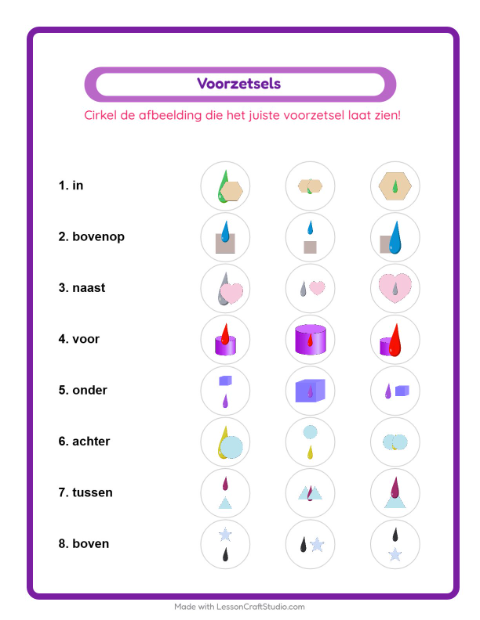 Voorbeeld van Voorzetsels kiezen met kleuren – werkblad voor groep 3 (meerkeuze)