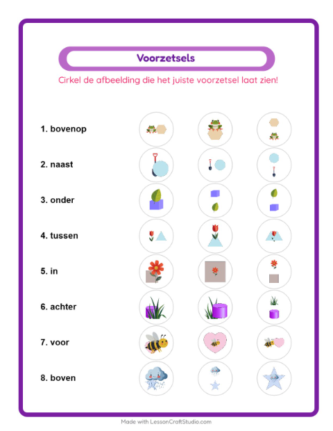 Voorbeeld van Voorzetsels kiezen met bloemen – werkblad voor groep 3 (meerkeuze)