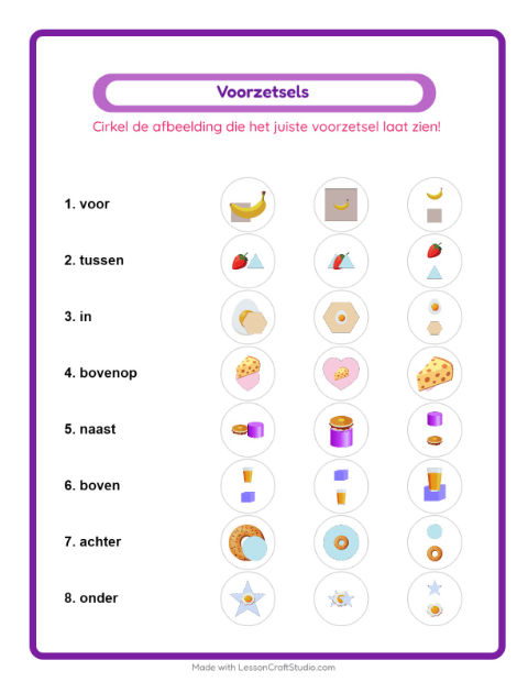Voorbeeld van het Voorzetsels-werkblad met Ontbijt voor kleuterklas