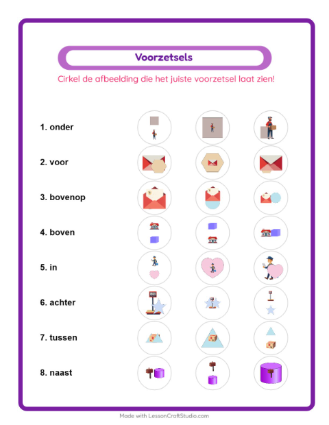 Voorbeeld van het Voorzetsels-werkblad met Postkantoor voor kleuterklas