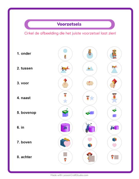 Voorbeeld van het Voorzetsels-werkblad met Speelgoed voor kleuterklas